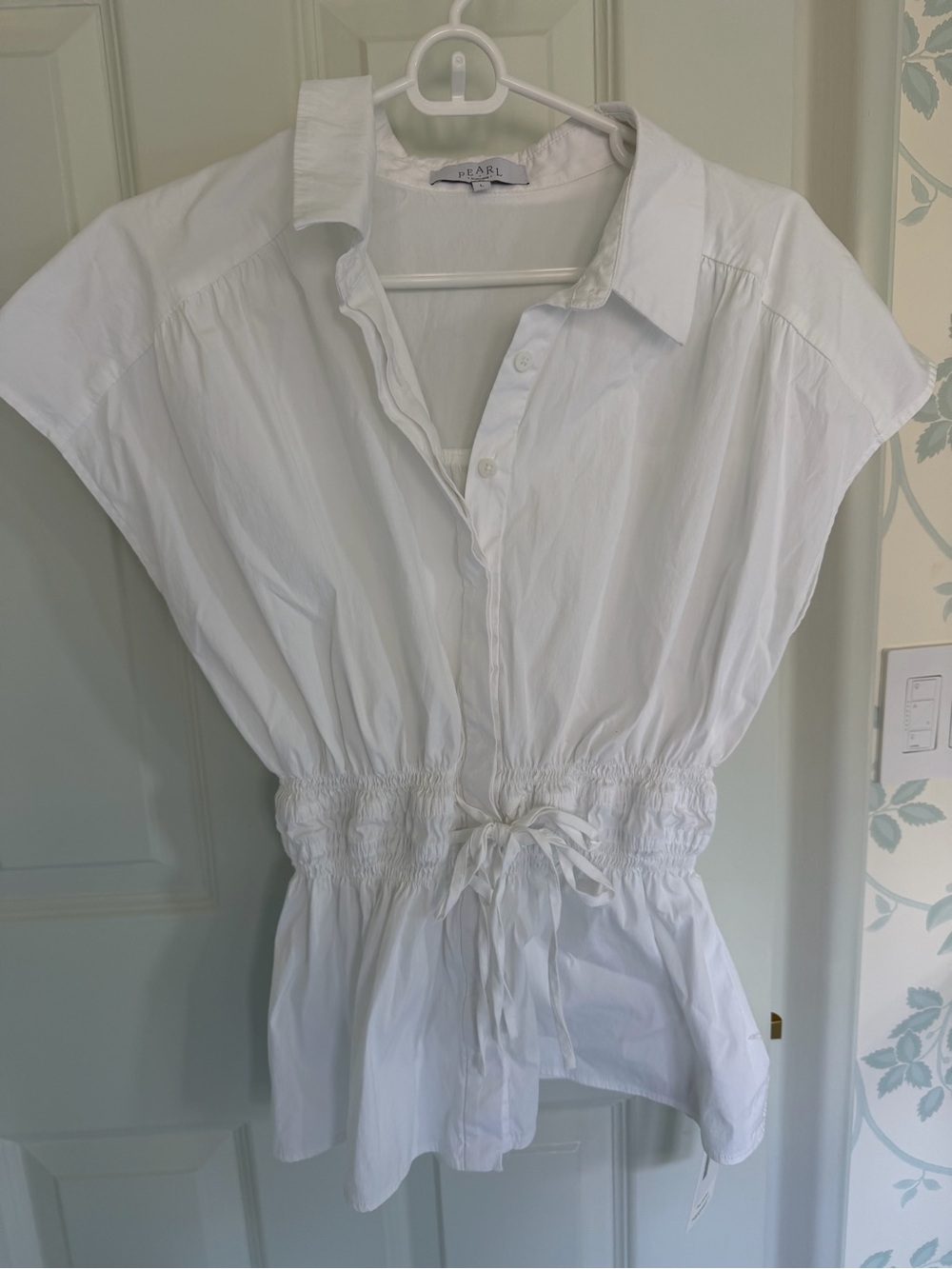 Pearl by Lela Rose White Short Sleeve Button-Down Drawstring Waist Cotton Blouse